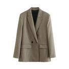 Blazer Feminino Vintage Xadrez Transpassado Com Manga Longa E Bolsos Com Aba - Elegante Casaco De