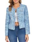 Blazer Xaspee feminino de tweed recortado, xadrez, azul trabalho, tamanho L