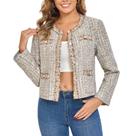 Blazer Xaspee feminino de tweed recortado, xadrez, trabalho, cáqui, branco, S