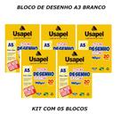 Bloco para desenho a3 branco 140g kit 05 unidades com 20f