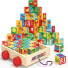Blocos de construção Atoylink ABC Wooden 30 unidades com carrinho de brinquedo Pull