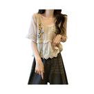 Blusa Babydoll Com Bordado Floral E Mangas Puff Em Crochê, Renda Com Detalhes Em Eyelet, Estilo