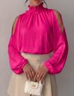Blusa Bata Feminina Gola Alta Manga Bufante Ombro Vazado Blusa Bata Feminina Gola Alta Manga Bufante Ombro Vazado