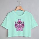 Blusa Blusinha Camiseta Cropped TShirt Feminina Algodão Tecido Premium Estampa Digital Crânio de Caveira com Flor Roxa