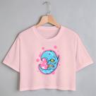 Blusa Blusinha Camiseta Cropped TShirt Feminina Algodão Tecido Premium Estampa Digital Meia Lua Rosa e Branco