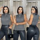 Blusa Blusinha Regata Gola Alta Canelada Tendência Inverno Pied poule,Único