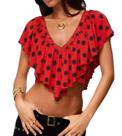 Blusa Boho vintage Awoscut com babados, decote em V, pontos vermelhos