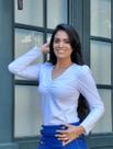 Blusa Branca, Malha Canelada, Manga Longa, Bufante, Decote V Franzido, Collucci BM1180B