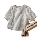 Blusa Casual Feminina De Verão Com Bordado Em Algodão E Renda, Decote Redondo, Manga Lanterninha,