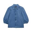 Blusa Casual Feminina Em Denim Com Gola Reversa E Mangas Plissadas, Camisa Chic
