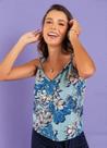 Blusa Com Alças De Amarrar Floral Azul Solta Decote V