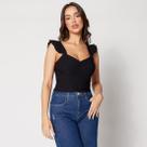 Blusa Cropped Alça com Babado e Franzido na Frente Preto