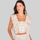 Blusa Cropped Babados em Laise Branco Lado Avesso