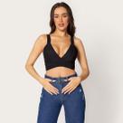 Blusa Cropped Decote V com Elástico e Bojo Preto