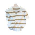 Blusa Cropped Feminina Com Gola E Padrão Listrado, Manga Curta, Suéter Tricotado Para Primavera E