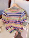 Blusa Cropped Feminina De Manga Curta Com Gola Redonda E Bloco De Cores, Casual, Tricotada,