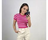 Blusa Cropped Feminina Listrada Branco e Pink tam PP