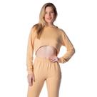 Blusa Cropped Feminina Trilhos Urbanos Em Moletinho com Capuz Bege Blusa Cropped Feminina Trilhos Urbanos Em Moletinho com Capuz Bege