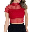 Blusa cropped feminino gola alta manga curta renda moda