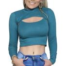 Blusa Cropped Gringa Manga Longa com Decote e Alcinhas Sobreposição de Peças