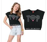 Blusa Cropped Infantil Feminino em Meia Malha Manga Curta Kyly