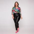 Blusa Cropped Manga 3/4 com amarração frontal em tule estamp