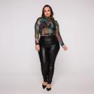 Blusa Cropped Manga Longa e Gola alta em Tule Estampado