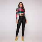 Blusa Cropped Manga Longa e Gola alta em Tule Estampado