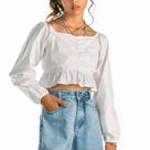 Blusa Cropped Manga Longa em Tricoline Branca 100% Algodão Juvenil Pinkx P241389