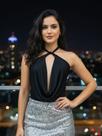 Blusa Cropped Multiforma Com Amarração Top Decote Frente Única Moda Gringa Suplex Premium Elegante