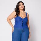 Blusa Cropped Plus com Nó e Bojo Azul
