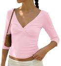 Blusa curta feminina BAIGRAM, manga 3/4, decote em V, franzido e costas abertas Blusa curta feminina BAIGRAM, manga 3/4, decote em V, franzido e costas abertas