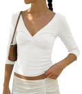 Blusa curta feminina BAIGRAM, manga 3/4, decote em V, franzido e costas abertas Blusa curta feminina BAIGRAM, manga 3/4, decote em V, franzido e costas abertas