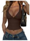 Blusa curta feminina SOLY HUX com decote em V profundo, marrom café