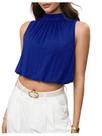 Blusa curta feminina SOLY HUX, frente única, sem mangas, gola alta, azul