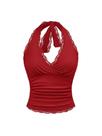 Blusa curta feminina WDIRARA com acabamento em renda franzida vermelha XXL
