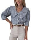 Blusa Daacee xadrez para mulheres de tamanho grande, gola com babados, azul