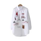 Blusa de Algodão Branca Bordada com Botões - Manga Comprida - Camisa Casual Feminina Blusa de Algodão Branca Bordada com Botões - Manga Comprida - Camisa Casual Feminina