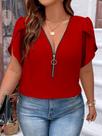 Blusa De Chiffon Com Decote Em V plus Size, Casual E Elegante Para O Verão, Camisa Feminina Com