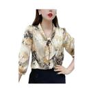 Blusa De Chiffon Feminina Casual De Primavera E Verão Com Manga Curta E Gola Com Laço Estampada