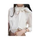 Blusa De Chiffon Feminina De Manga Longa Com Gola De Laço Casual Primavera Verão Branca Preta