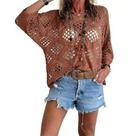 Blusa de crochê boêmia feminina com decote em V bege caramelo tamanho S