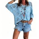 Blusa de crochê feminina estilo boêmio bege com decote em V azul celeste 5XS