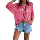 Blusa de crochê feminina, estilo boêmio, bege, decote em V, rosa, tamanho M Blusa de crochê feminina, estilo boêmio, bege, decote em V, rosa, tamanho M