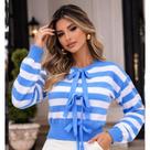 Blusa De Frio Cropped Tricot Feminina Laços Listras Azul Veste 38 ao 42
