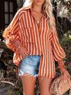 Blusa de placket/carcela alongada manga longa de poliéster com elástico franzida
