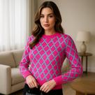 Blusa de Tricot Feminina Manga Longa Estampa Geométrica Casual Blusa de Tricot Feminina Manga Longa Estampa Geométrica Casual