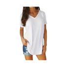 Blusa de verão de cor sólida com decote em V manga curta solta camiseta bainha arco roupas femininas