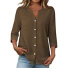 Blusa domirica 2XL marrom com decote V, botões frontais e manga 3/4