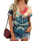 Blusa domirica com estampa japonesa feminina com decote em V e manga curta